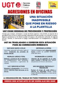 Cartel de UGT: agresiones en oficinas de Correos y medidas de prevención exigidas