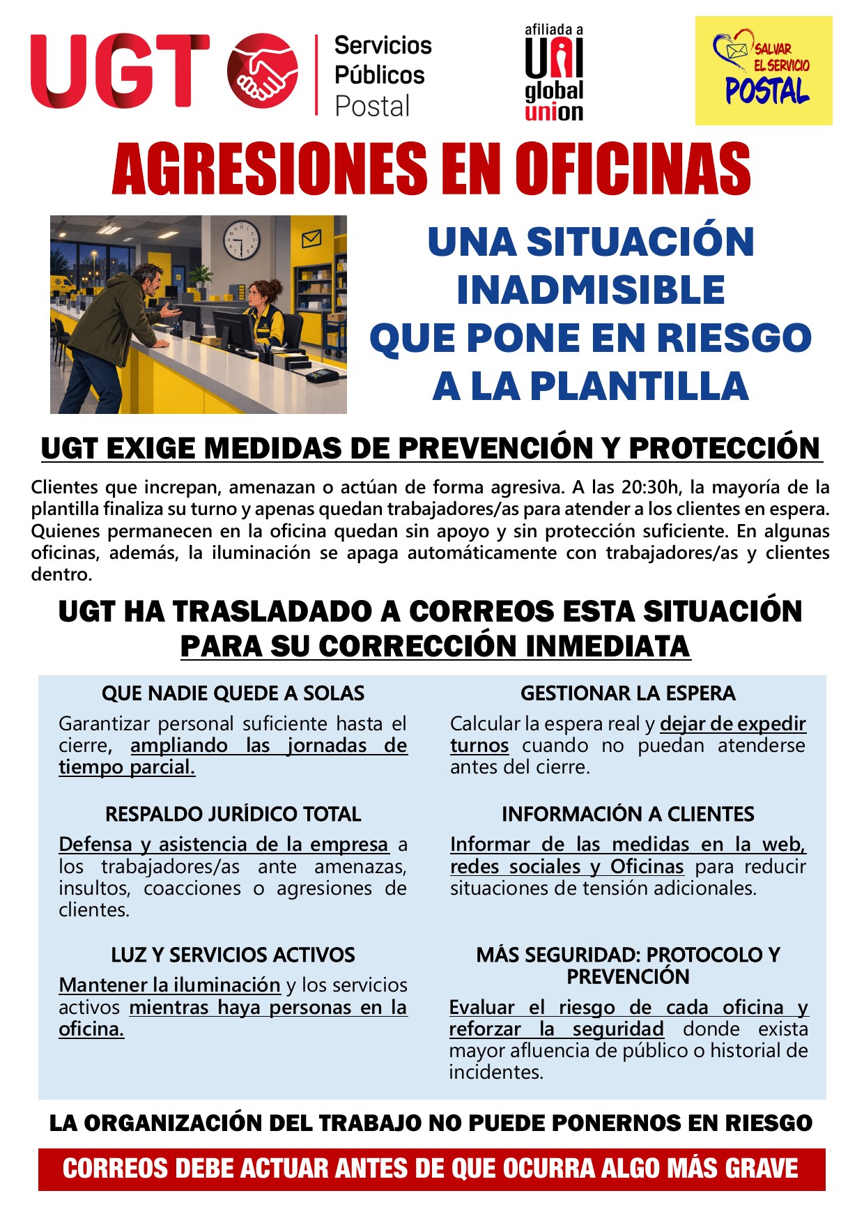 Cartel de UGT: agresiones en oficinas de Correos y medidas de prevención exigidas