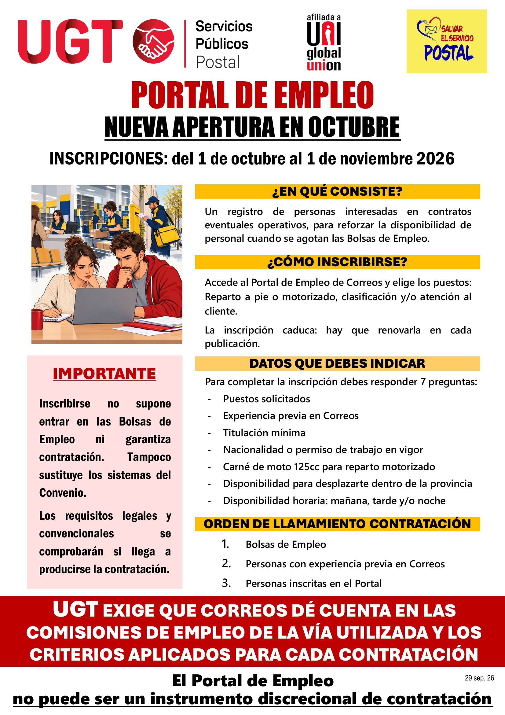 Cartel de UGT: El portal de empleo vuelve a abrir.