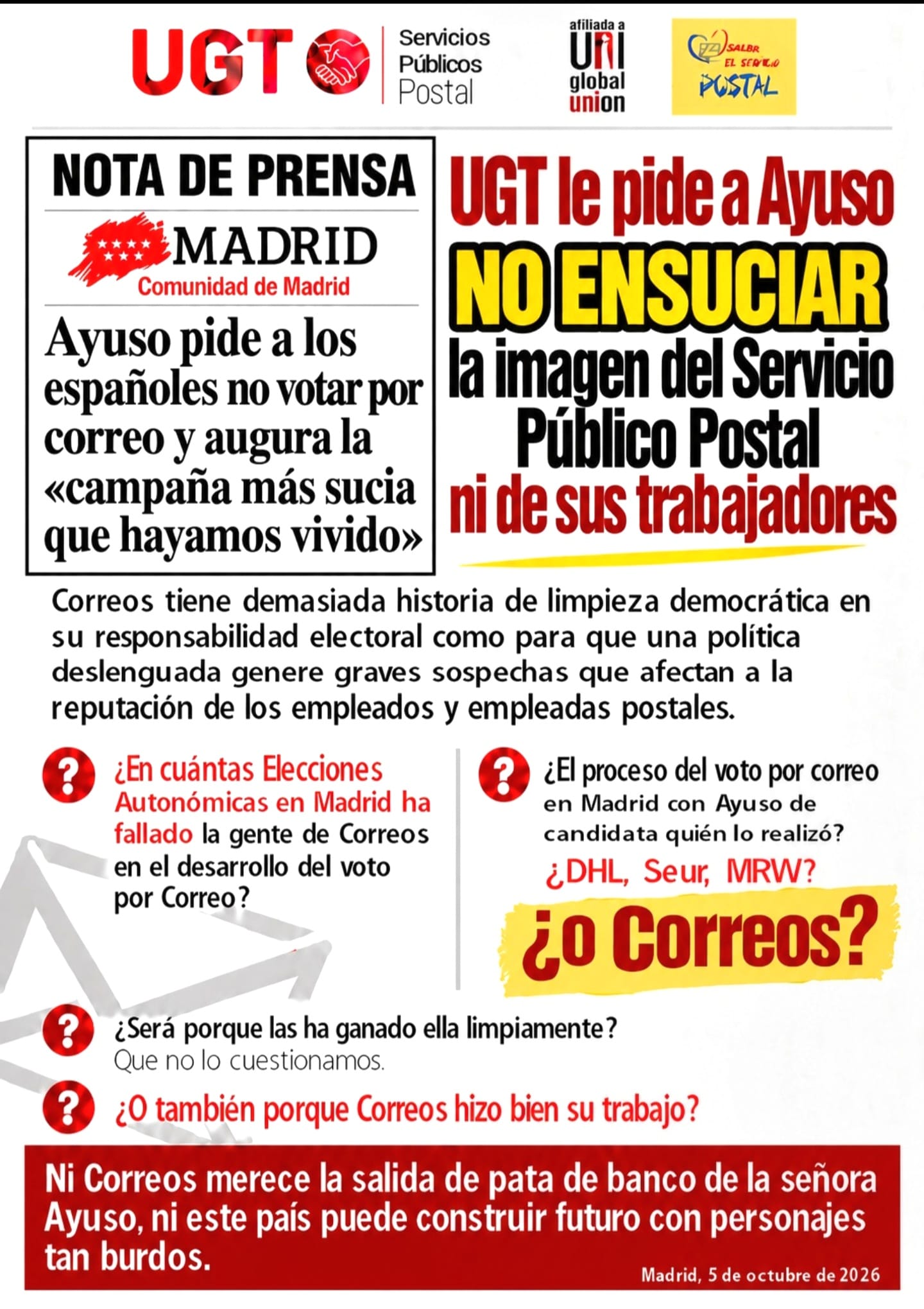 UGT le pide a Ayuso no ensuciar la imagen de Correos