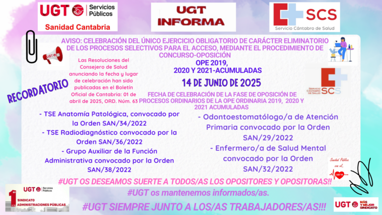 Lee más sobre el artículo Recordamos fecha y lugar de del examen de la fase de oposición de procesos ordinarios de la OPE de 2019 de personal Estatutario de Instituciones Sanitarias de Cantabria.